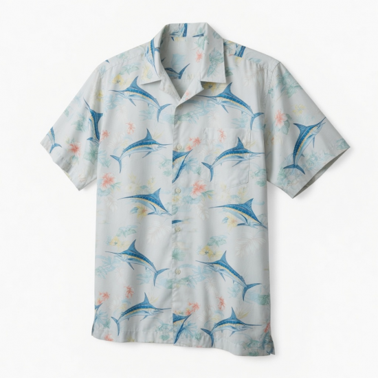 Men's Button Hawaiian Marlin Print Short Sleeve Shirt
