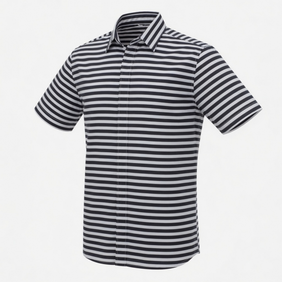 Men's Black White Striped Collared Short Sleeve Shirt
