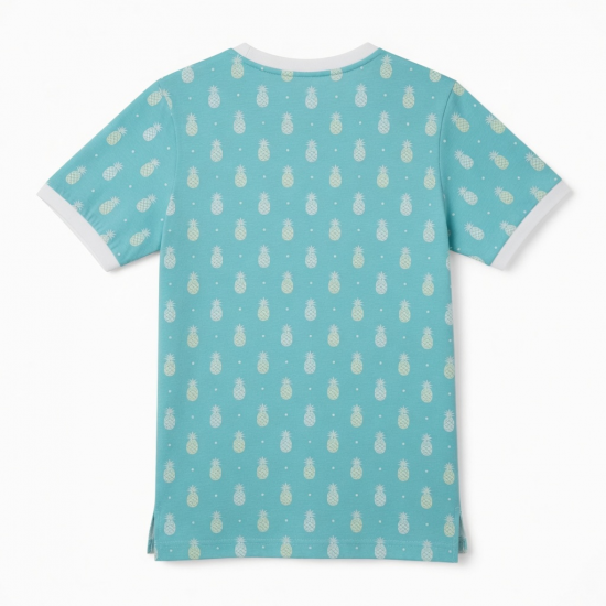 Men's Crew Neck Short Sleeve Shirt Aqua Blue/White Pineapple