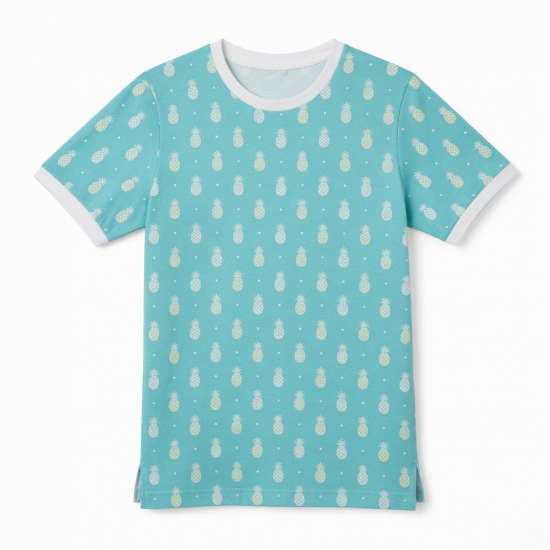 Men's Crew Neck Short Sleeve Shirt Aqua Blue/White Pineapple