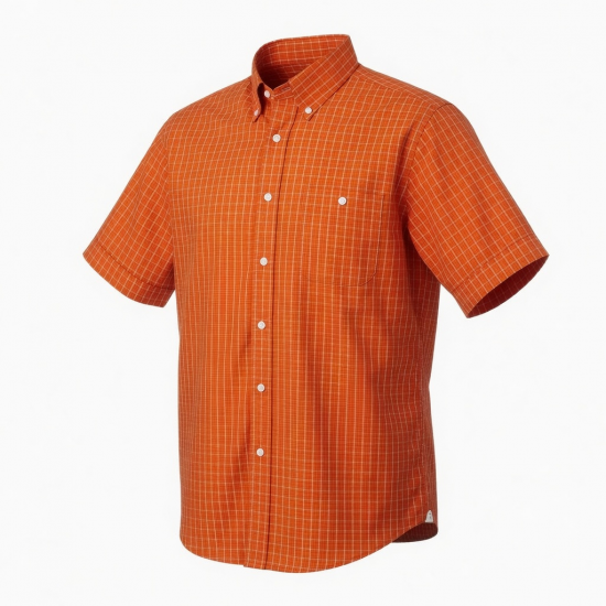 Men's Orange Plaid Button Down Short Sleeve Shirt Cotton