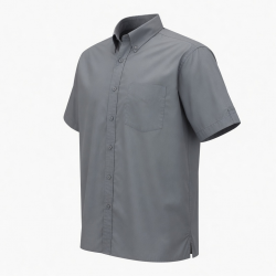 Men's Gray Button Short Sleeve Shirt Collared Cotton