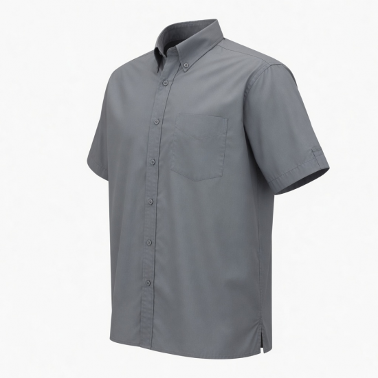 Men's Gray Button Short Sleeve Shirt Collared Cotton