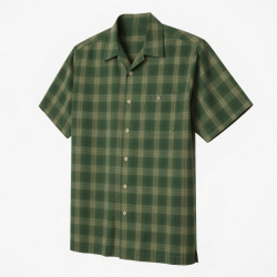 Men's Button Front Short Sleeve Shirt Green Plaid Hiking