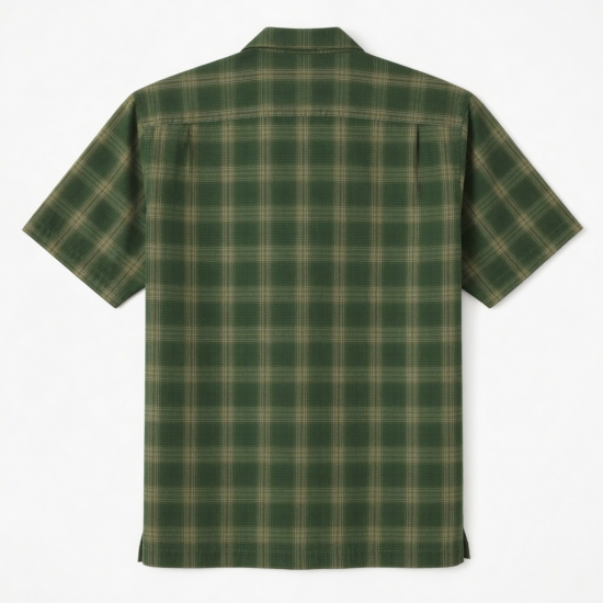Men's Button Front Short Sleeve Shirt Green Plaid Hiking