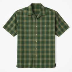 Men's Button Front Short Sleeve Shirt Green Plaid Hiking