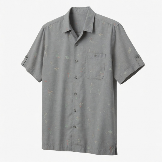 Men's Short Sleeve Shirt Gray Hawaiian Bamboo Button Down