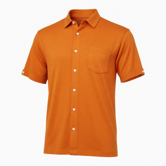 Men's Brunt Orange Knit Viscose Button-Up Short Sleeve Shirt