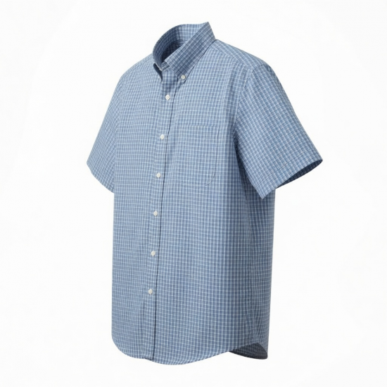 Men's Blue Check Button Front Short Sleeve Shirt Cotton