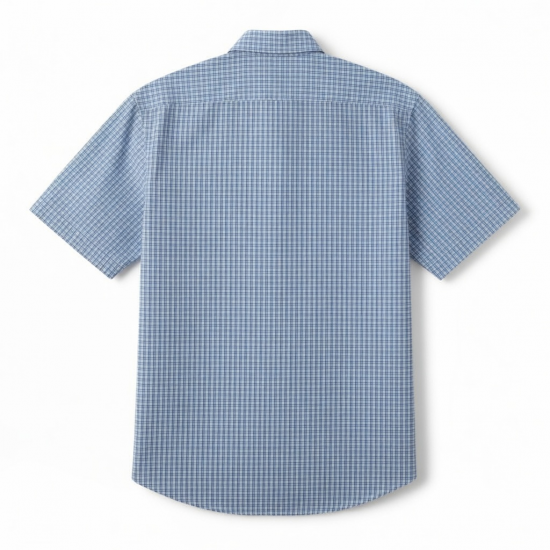 Men's Blue Check Button Front Short Sleeve Shirt Cotton