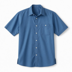 Men's Button Short Sleeve Shirt Blue Pockets Cotton