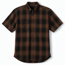 Men's Brown Black Plaid Hunting Short Sleeve Shirt Button Down