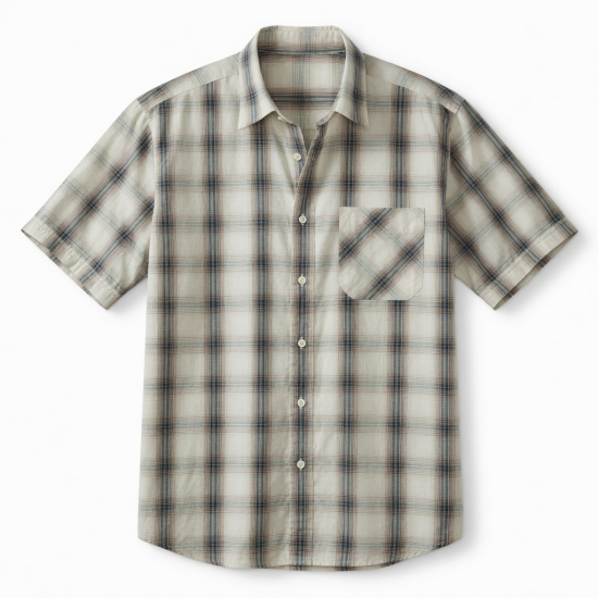 Men's Plaid Short Sleeve Shirt Cotton/Polyester Ecru