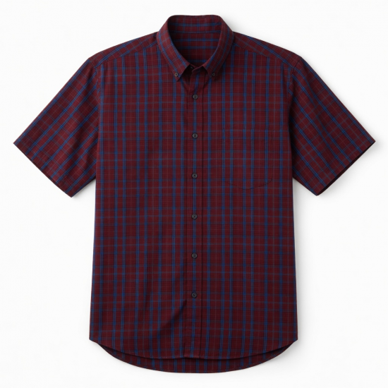Men's Plaid Short Sleeve Shirt Cotton/Polyester Dark Red/Blue